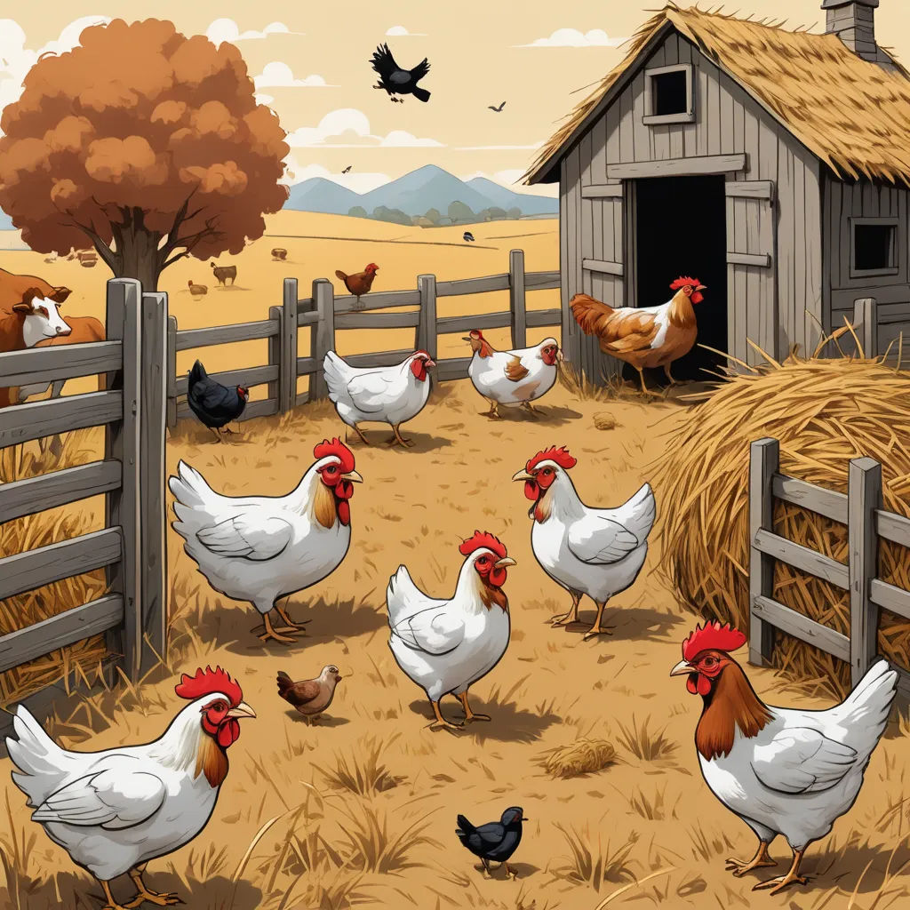 a group of chickens standing in a field next to a barn and a fence with a barn in the background, lyco art, a storybook illustration, Dan Mumford, detailed illustration
