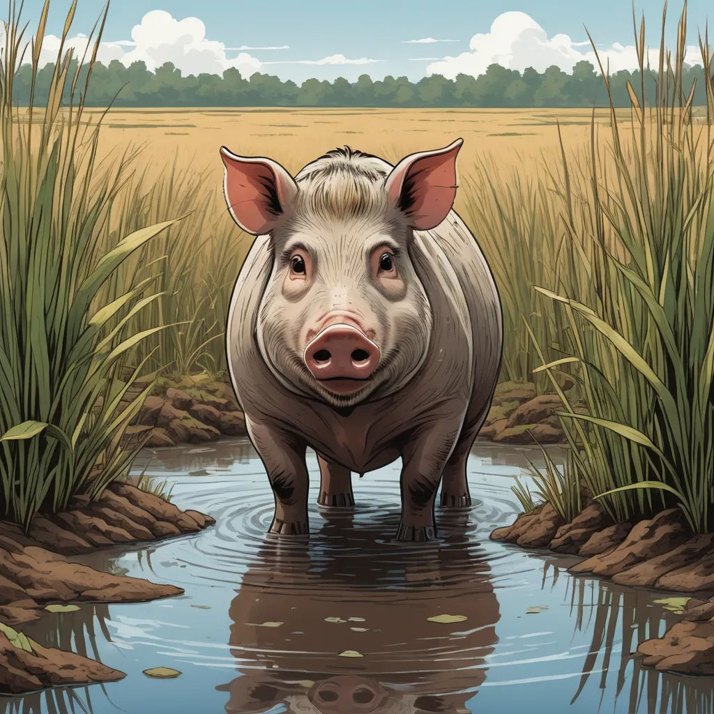 a pig standing in a body of water near a field of grass and reeds with a sky background, sots art, a storybook illustration, Dan Mumford, storybook illustration