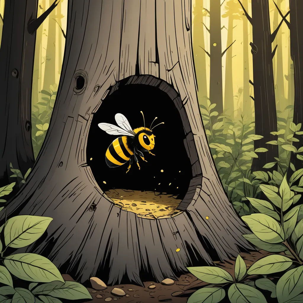 a bee is coming out of a hollow in a tree trunk with leaves around it and a bee on the inside, environmental art, a storybook illustration, Dan Mumford, storybook illustration