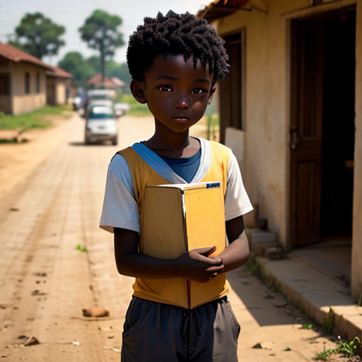 a young boy holding a box in his hands on a dirt road in front of a house and a car