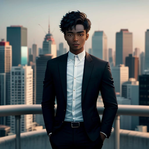 a man in a suit standing in front of a city skyline with his hands in his pockets and his hands in his pockets