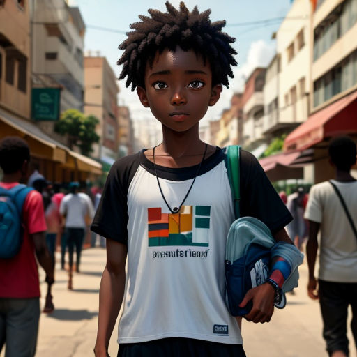 a young boy with a backpack and a shirt on is standing on a street with people walking by and buildings