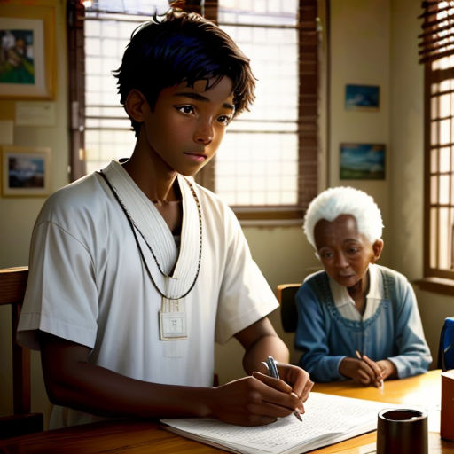 a boy sitting at a table with a woman writing on a notepad in front of him and a cup of coffee