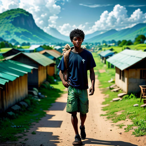 a man walking down a dirt road next to a lush green hillside covered in clouds and mountains in the distance