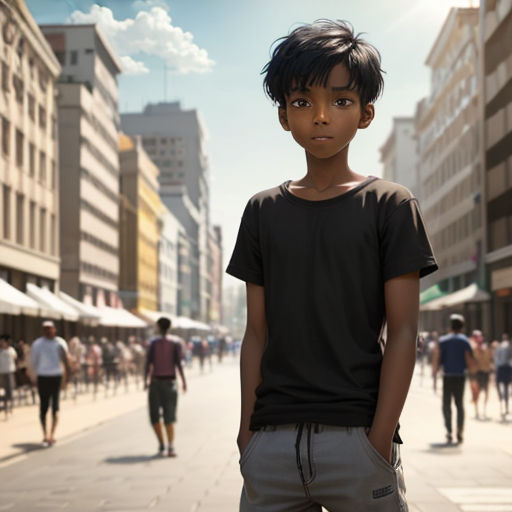 a young boy standing on a sidewalk in a city with people walking around him and buildings in the background