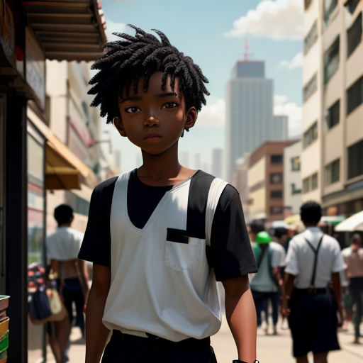 a young man with dreadlocks standing on a sidewalk in a city with people walking by him and buildings in the background