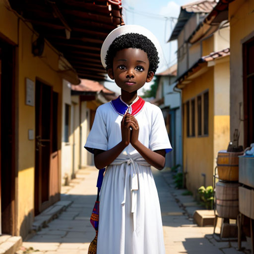 a young girl dressed in a white dress and a white hat standing in a street with a basket on her shoulder