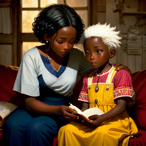 a woman and a child are sitting on a couch reading a book together, with a window in the background