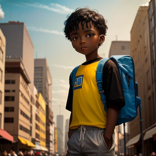 a young boy with a backpack standing in the middle of a city street in front of tall buildings and buildings