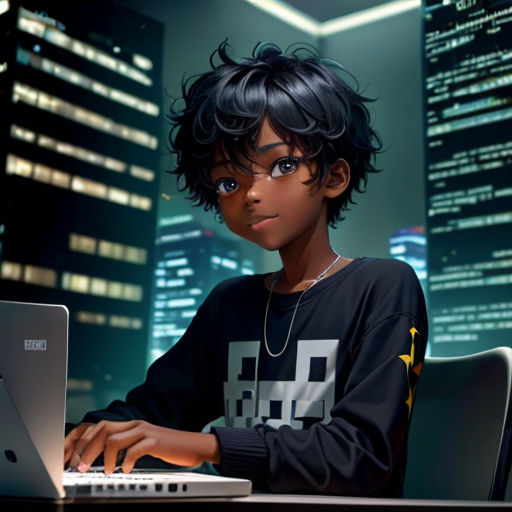 a young boy sitting at a desk with a laptop computer in front of him and a cityscape in the background