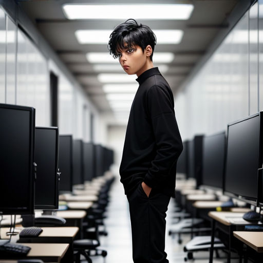a man standing in front of a row of computer monitors in a room with rows of desks and chairs
