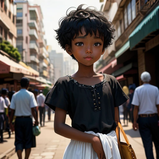 a young girl is standing on a busy street corner with a purse in her hand and people walking around