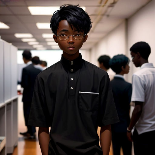 a young man wearing glasses and a black shirt in a room with people in it and a white wall