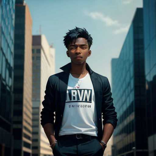a man standing in a city street with his hands in his pockets and his hands in his pockets, wearing a black jacket and white t - shirt