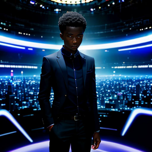 a man in a suit standing in front of a large screen with a cityscape in the background