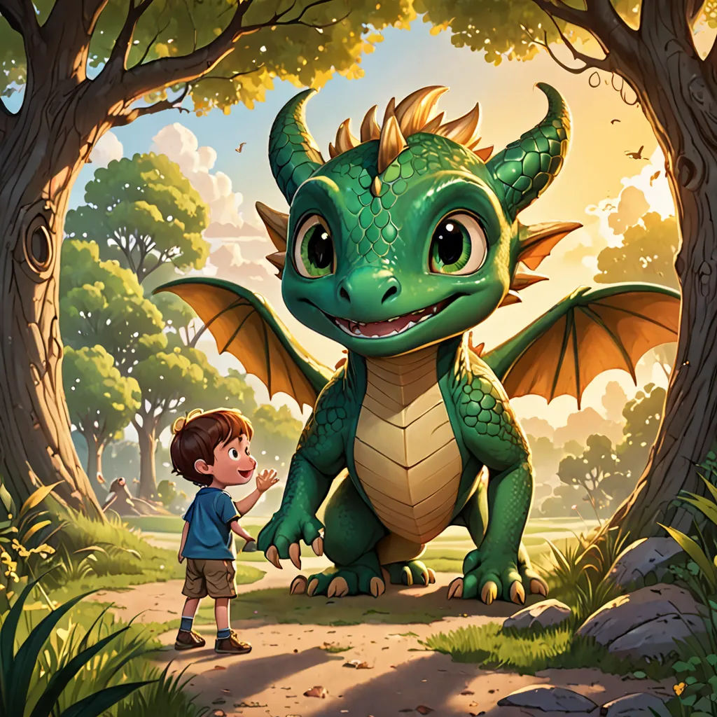 a boy standing next to a green dragon in a forest with trees and grass on either side of him, sots art, a storybook illustration, Clint Cearley, official art