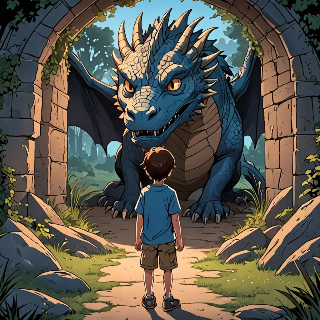 a boy and a dragon in a tunnel with a boy looking at it from the other side of the tunnel, fantasy art, a storybook illustration, Diego Gisbert Llorens, storybook illustration