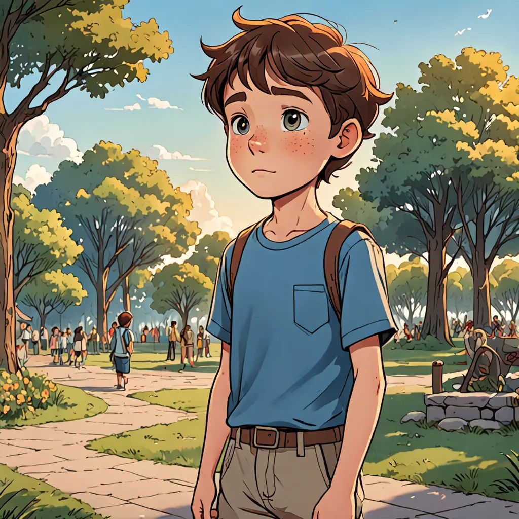 a boy standing in a park with a backpack on his back and people walking around him on a sunny day, art & language, a comic book panel, Diego Gisbert Llorens, rossdraws global illumination