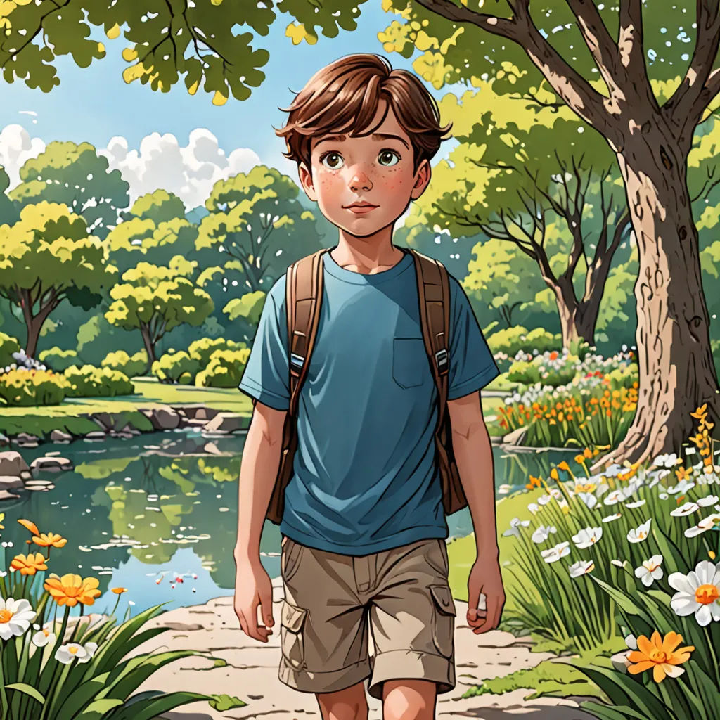 a boy walking down a path in a park with flowers and trees around him and a pond in the background, environmental art, a storybook illustration, Aaron Jasinski, rossdraws global illumination