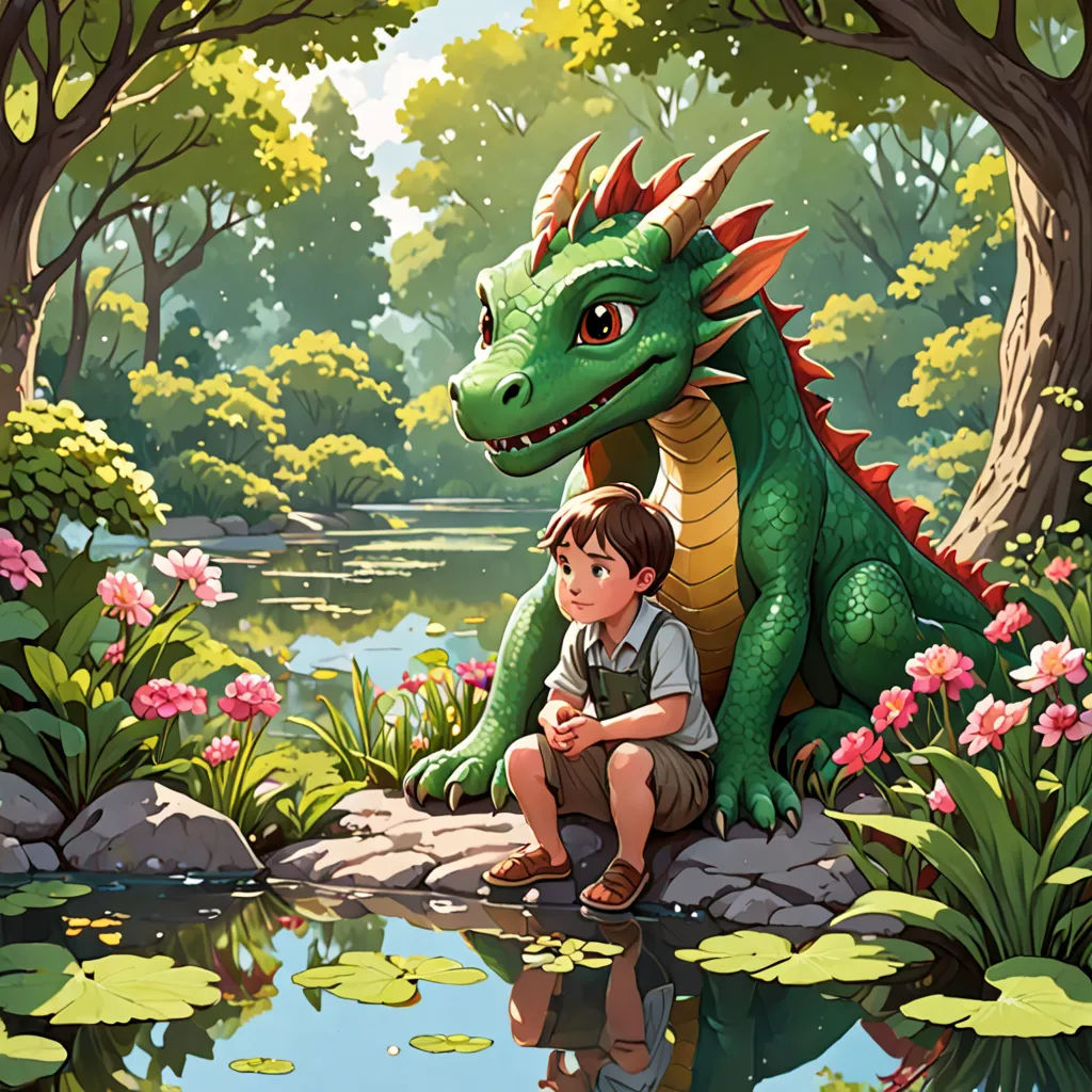 a boy and a dragon sitting on a rock in a forest by a pond of water with lily pads, fantasy art, a storybook illustration, Diego Gisbert Llorens, storybook illustration
