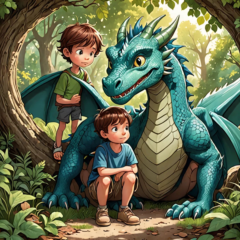a boy and a boy sitting next to a dragon in a forest with a tree trunk and a boy standing next to it, fantasy art, a storybook illustration, Diego Gisbert Llorens, storybook illustration