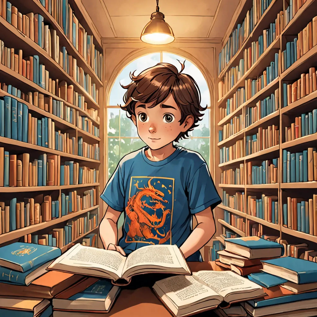 a boy sitting at a table with a book in front of him in a library full of books and a lamp, fantasy art, a storybook illustration, Diego Gisbert Llorens, storybook illustration