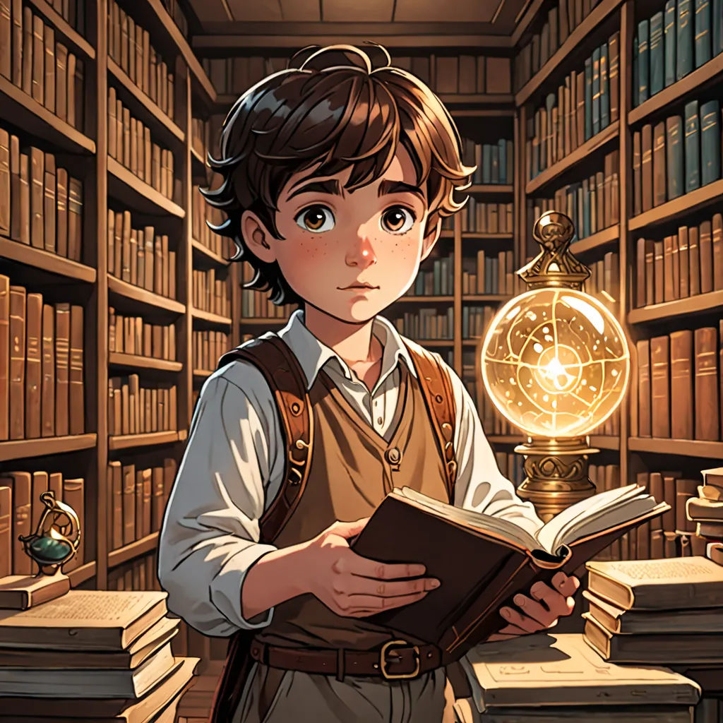 a boy is reading a book in a library with a lamp in his hand and bookshelves in the background, fantasy art, a storybook illustration, Diego Gisbert Llorens, rossdraws global illumination