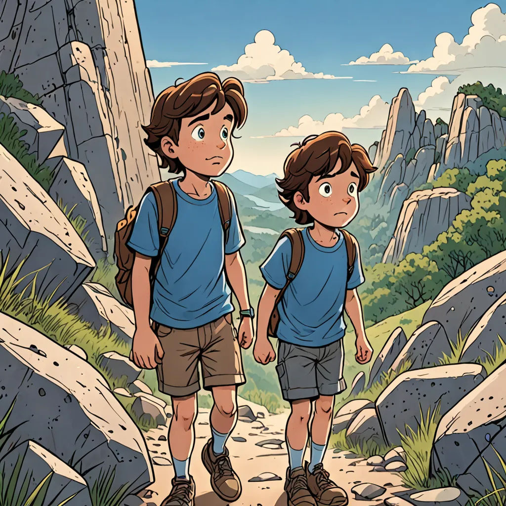 two young boys are walking down a trail in the mountains with backpacks on their backs and a mountain in the background, process art, a comic book panel, Brothers Hildebrandt, rossdraws global illumination