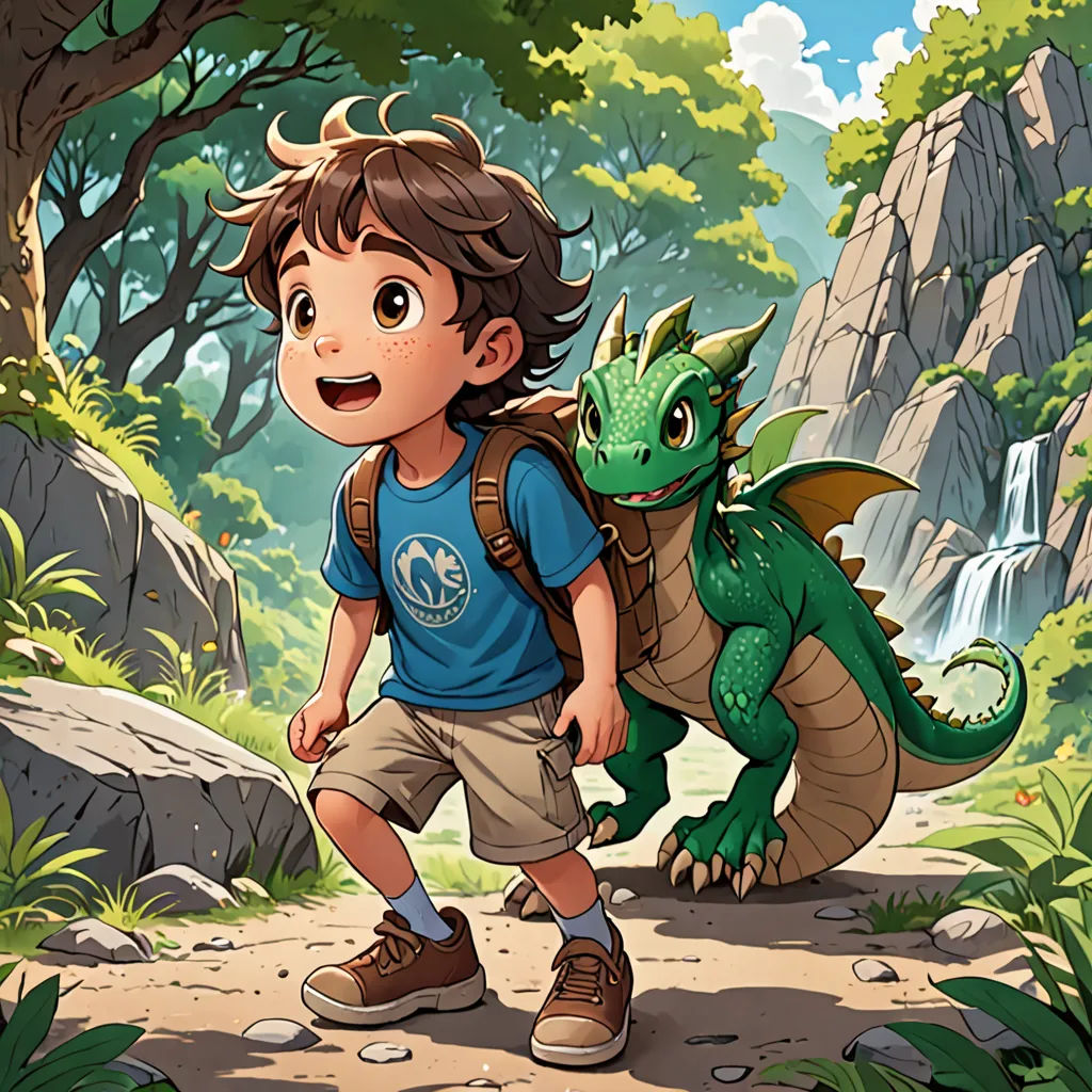 a boy with a backpack and a green dragon in the woods by a waterfall and rocks, with a waterfall in the background, fantasy art, a storybook illustration, Diego Gisbert Llorens, dragon art
