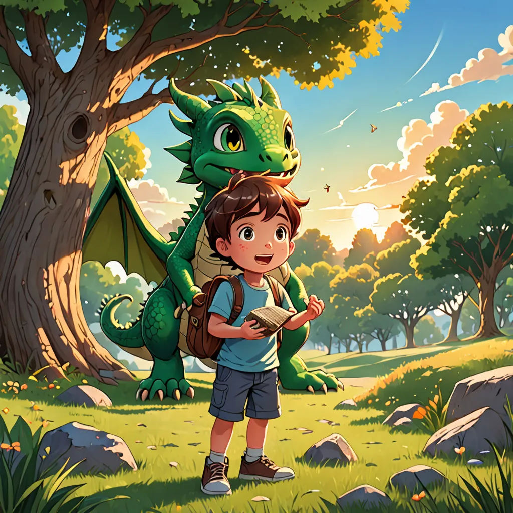 a boy is holding a book and a dragon is standing in the background of a forest with rocks and trees, fantasy art, a storybook illustration, Diego Gisbert Llorens, official art