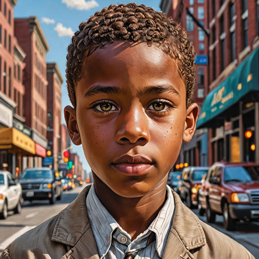 a young boy standing on a city street with cars parked on the side of the street and buildings in the background, photorealism, a hyperrealistic painting, Derold Page, highly detailed digital painting