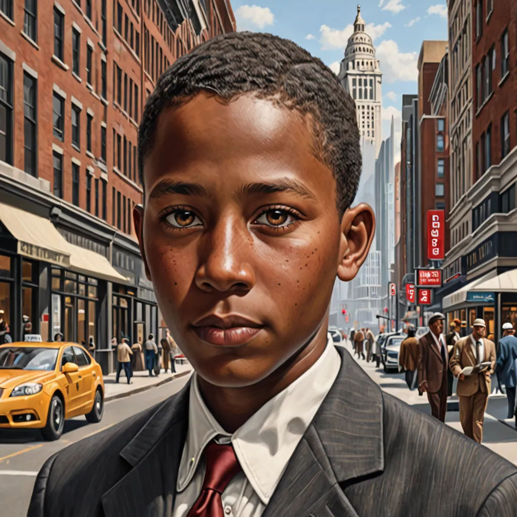 a painting of a boy in a suit and tie on a city street with pedestrians and buildings in the background, american realism, a hyperrealistic painting, Derold Page, highly detailed digital painting