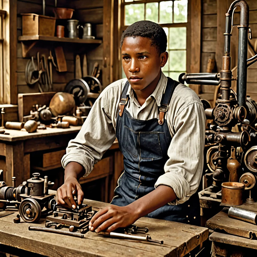 a man working on a piece of wood in a shop with lots of tools and machinery on the table, arts and crafts movement, a colorized photo, Derold Page, promotional image
