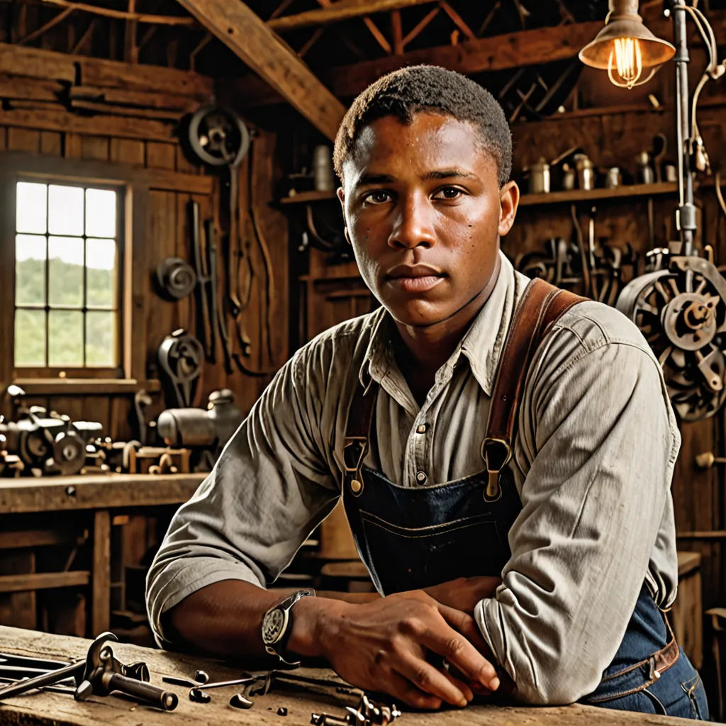 a man in a workshop with a lot of tools on the table and a lamp hanging from the ceiling, arts and crafts movement, a character portrait, Derold Page, promotional image