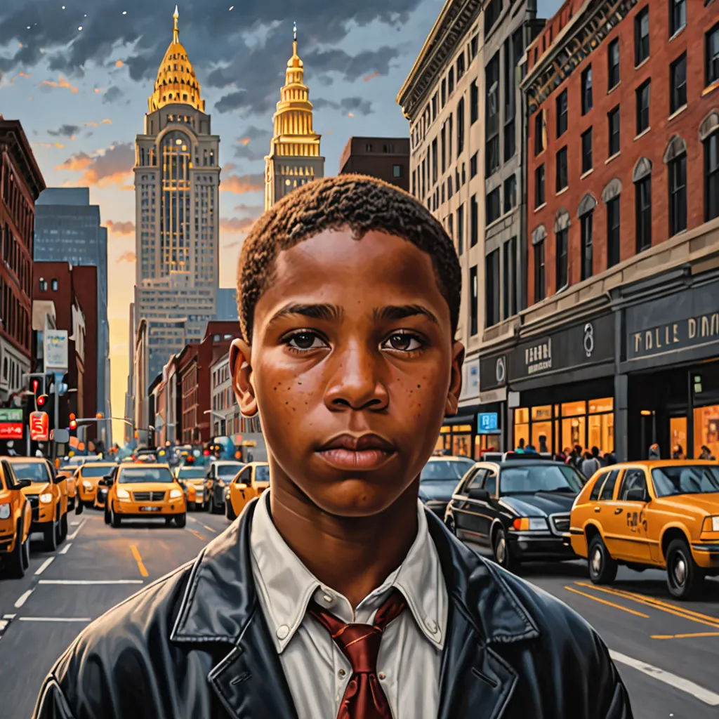a painting of a boy in a suit and tie standing in the middle of a street with a city skyline in the background, american realism, a photorealistic painting, Americo Makk, highly detailed digital painting