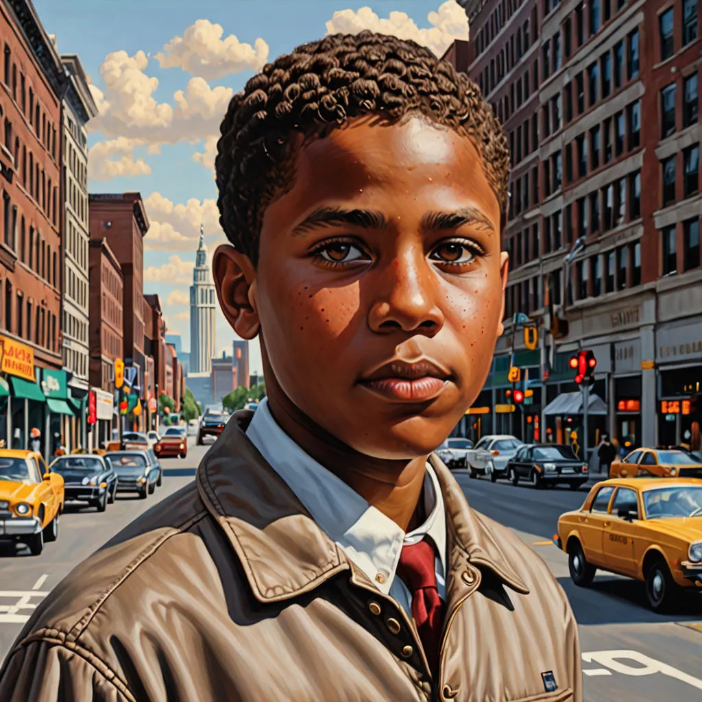 a painting of a boy in a leather jacket and tie standing in the middle of a street with cars and buildings, american realism, a photorealistic painting, Derold Page, highly detailed digital painting