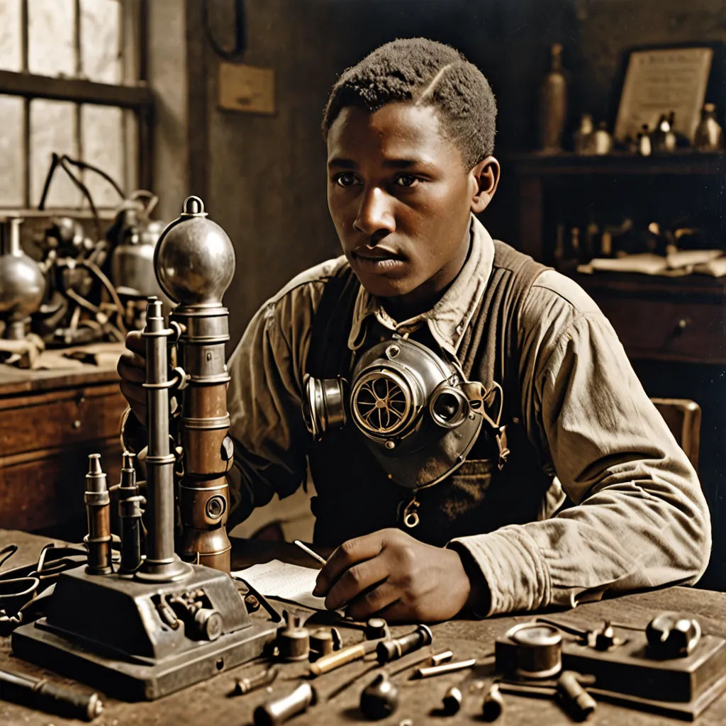 a man sitting at a table with a machine in front of him and a lot of other items on the table, harlem renaissance, a colorized photo, August Sander, dieselpunk