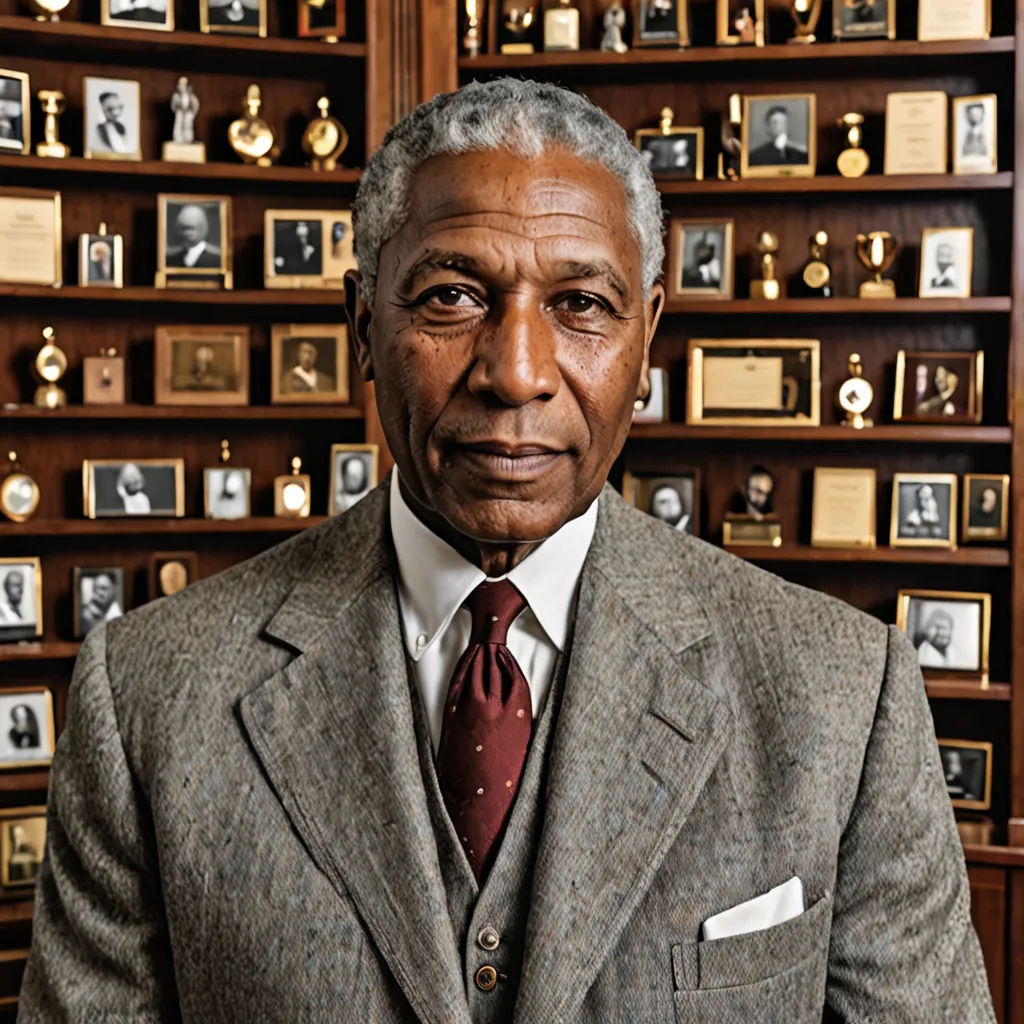 a man in a suit and tie standing in front of a wall of plaques and plaques with a clock, harlem renaissance, a portrait, A. B. Jackson, head and shoulders portrait