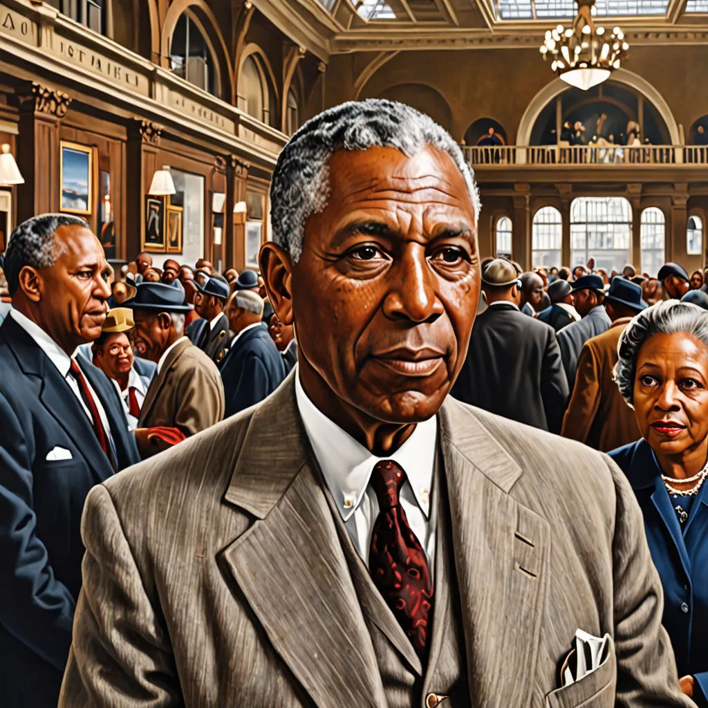 a painting of a man in a suit and tie standing in a crowd of people in a building with a skylight, harlem renaissance, a detailed painting, Cleve Gray, highly detailed digital painting