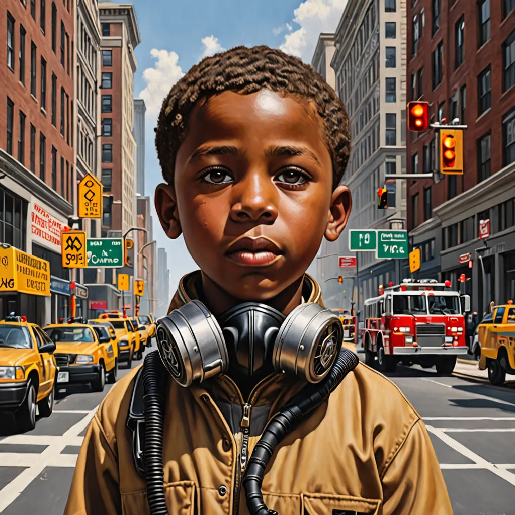 a boy with a gas mask and a gas mask on his head is standing in the middle of a street, hyperrealism, a hyperrealistic painting, Aaron Jasinski, highly detailed digital painting