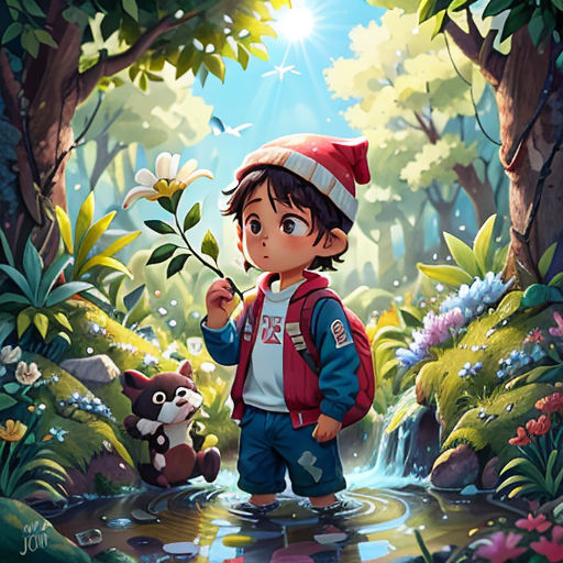 a boy standing in a forest holding a flower and a stuffed animal next to him with a forest background