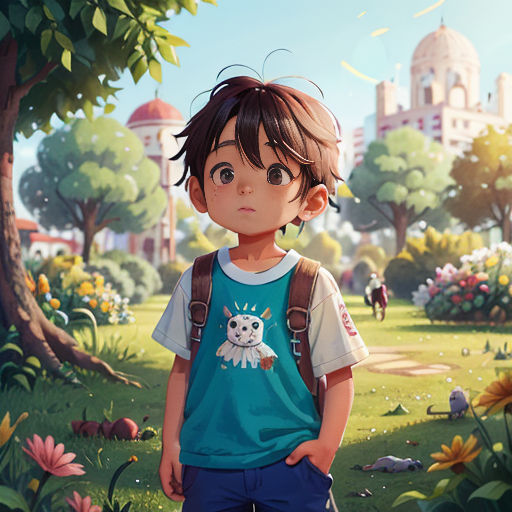 a boy standing in a field with a backpack on his back and a building in the background with a bird on his chest