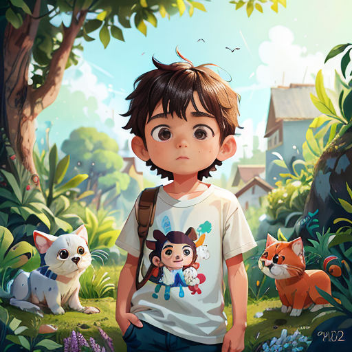 a boy standing in the middle of a forest with a cat and a kitten behind him, with a house in the background