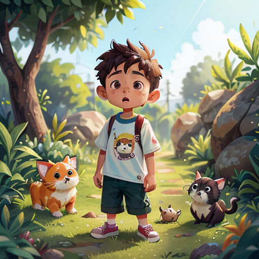 a boy standing in the middle of a forest with a bunch of animals around him and a cat on the ground