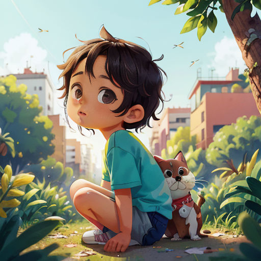 a young boy kneeling down next to a cat in a forest with buildings in the background and a cat on the ground
