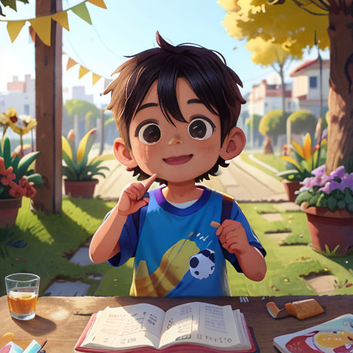 a cartoon boy is standing in front of a book and a glass of orange juice in a park setting