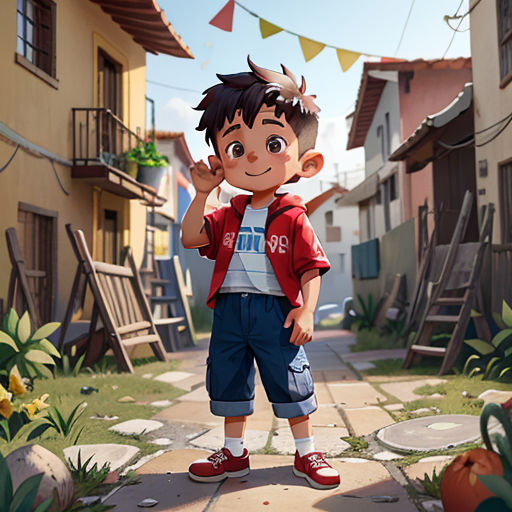 a boy standing in a courtyard with a red jacket on and a red shirt on and a red and white shirt on