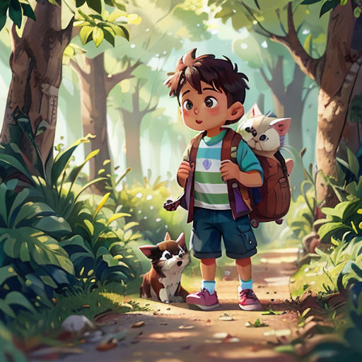 a boy with a backpack and two cats in a forest with trees and bushes on either side of him