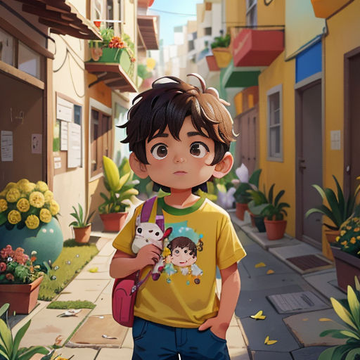 a boy standing in a street with a backpack and a backpack on his shoulder and a cat in his hand