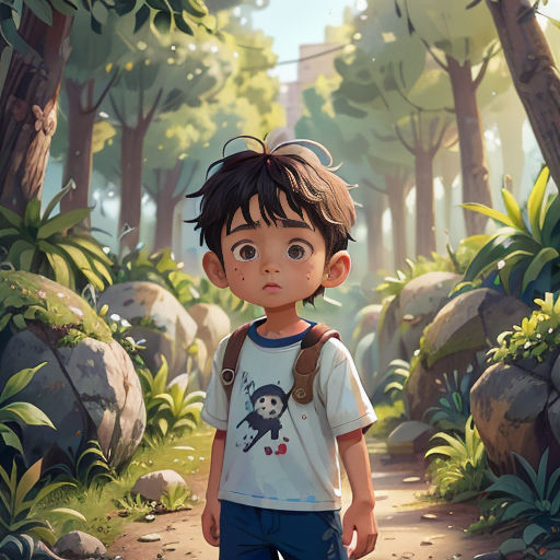 a boy standing in the middle of a forest with a backpack on his back and a backpack on his shoulder